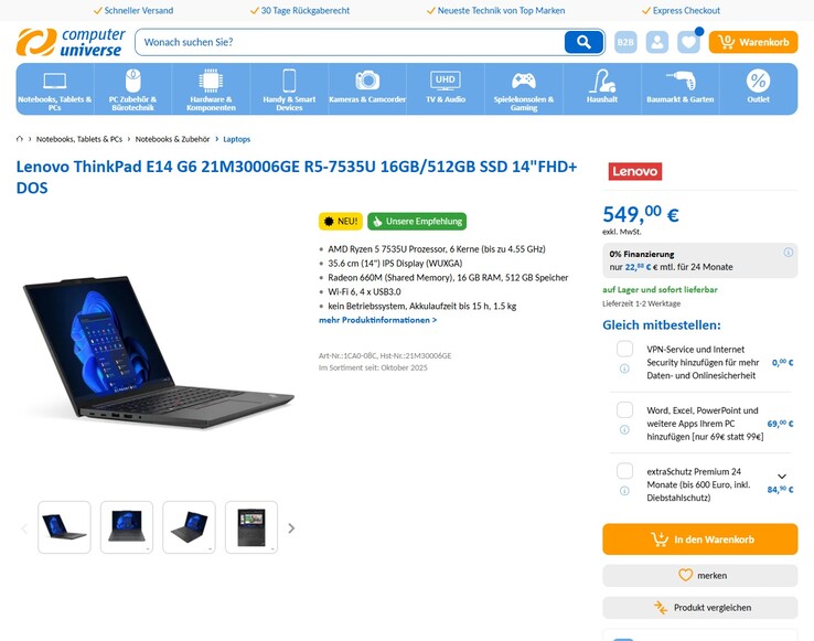 Lenovo ThinkPad E14 G6 im Angebot für 549 Euro.