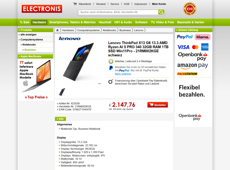 Lenovo ThinkPad X13 G6 21RM002KGE für 2.147,76 Euro.