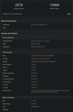 Ryzen AI 9 HX 470 Geekbench-Auflistung. (Bildquelle: Geekbench)