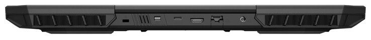 Rückseite: Steckplatz für ein Kabelschloss, Mini Displayport 1.4a (G-Sync), USB 3.2 Gen 2 (USB-C), HDMI 2.1, Gigabit-Ethernet, Netzanschluss