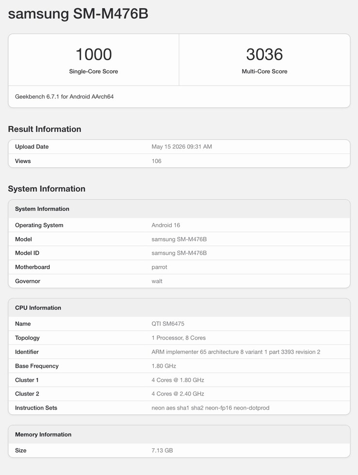 Geekbench-Eintrag zum Galaxy M47 5G