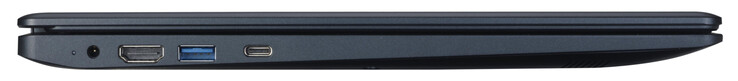 Linke Seite: Netzanschluss, HDMI, USB 3.2 Gen 1 (Typ A), USB 3.2 Gen 1 (Typ C; Displayport, Power Delivery)
