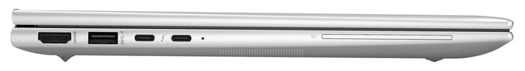 Linke Seite: HDMI, USB 3.2 Gen 1 (USB-A), 2x USB 4 (USB-C; Power Delivery, Displayport), SmartCard-Leser