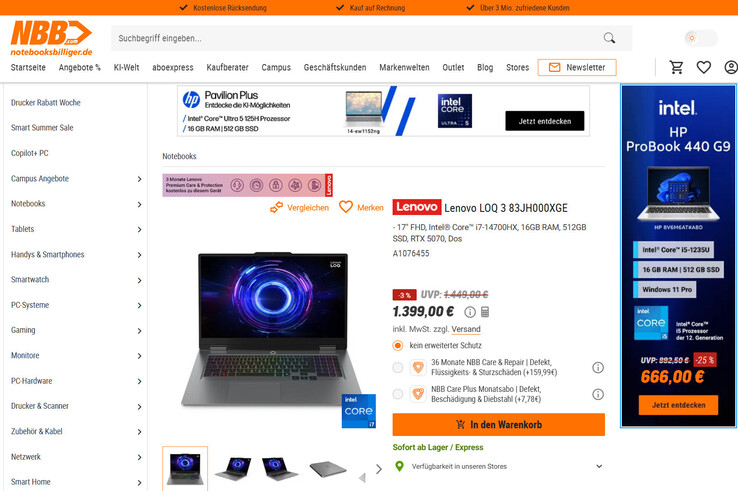 Lenovo LOQ 17IRX10 83JH000XGE im Angebot für 1.399 Euro.
