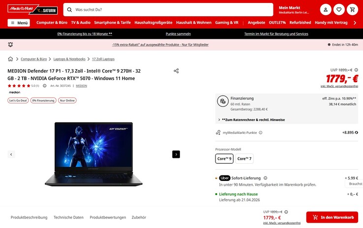 Medion Erazer Defender 17 P1 (30039749) für 1.779 Euro.