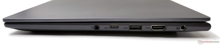 Rechts: 3,5-mm-Kombi-Audiobuchse, USB 3.2 Gen2 Typ-C (Power Delivery/DisplayPort), USB 3.2 Gen1 Typ-A, HDMI 2.1 TMDS-out, DC-in