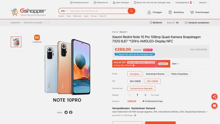 Bei Gshopper kann das Redmi Note 10 Pro aktuell für nur 219 Euro bestellt werden. (Screenshot: Gshopper)