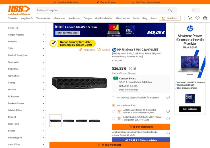 HP EliteDesk 8 Mini G1a 999A5ET für 926,99 Euro.