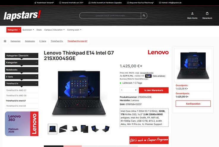 Lenovo ThinkPad E14 Gen 7 21SX004SGE für 1.425 Euro.