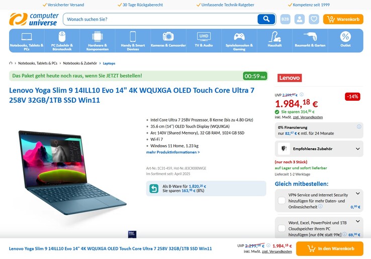 Lenovo Yoga Slim 9 14ILL10 83CX000WGE für 1.984,18 Euro