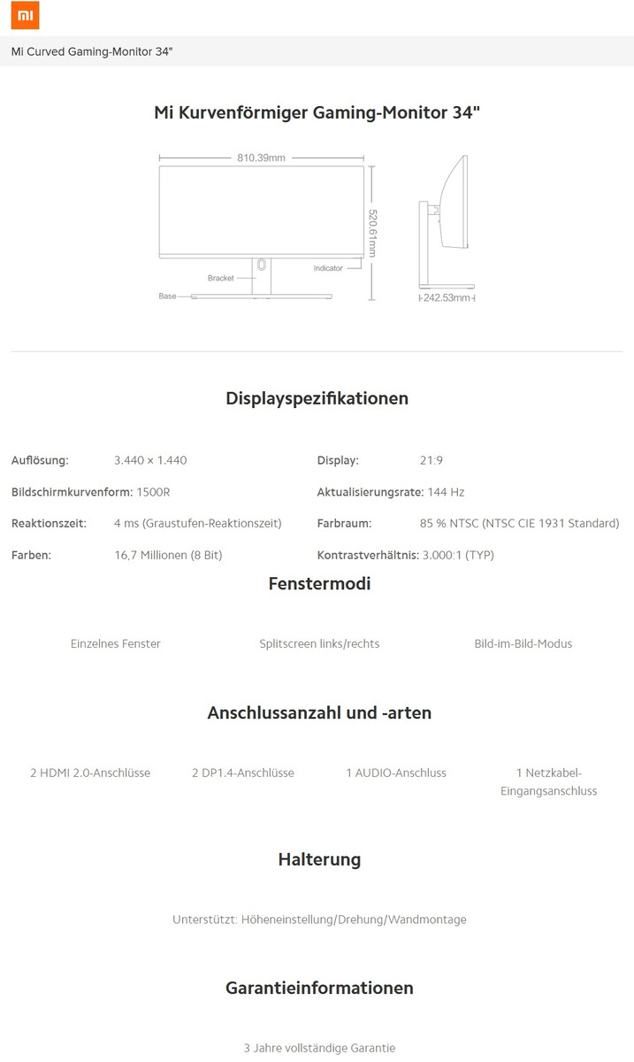 Mi 34 Xiaomi Mi 34 Zoll Curved Gaming-Monitor in ersten Ländern erhältlich ...