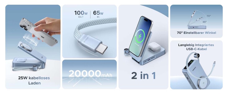 MagFlow 2-in-1: 20.000 mAh-Akku bietet zwei drahtlose Lademöglichkeiten (Bildquelle: Ugreen)