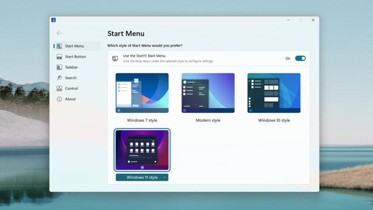 Start11 bietet Startmenüs in vier unterschiedlichen Stilen an.