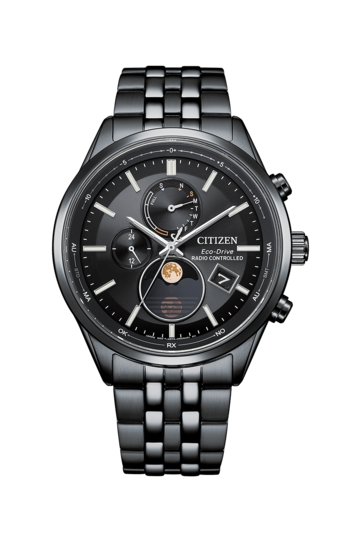 Citizen BY1035-56E Eco-Drive-Mondphasenuhr mit komplett schwarzem Edelstahlgehäuse und -armband, schwarzem Zifferblatt, analoger Mondphasenanzeige, zwei Hilfszifferblättern und Datumsanzeige