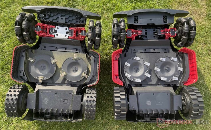 Der Dreame A3 AWD Pro (links) hat die massivere Vorderradaufhängung, der Mova LiDAX Ultra AWD (rechts) doppelt so viele Klingen
