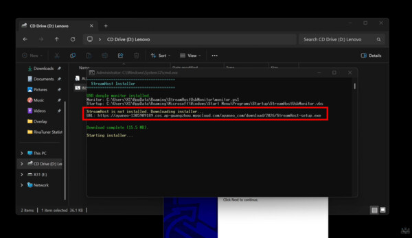 Die Streamhost-Software für Gaming mit geringer Latenz auf dem Lenovo Legion C700 wird von einem Ayaneo-Server heruntergeladen