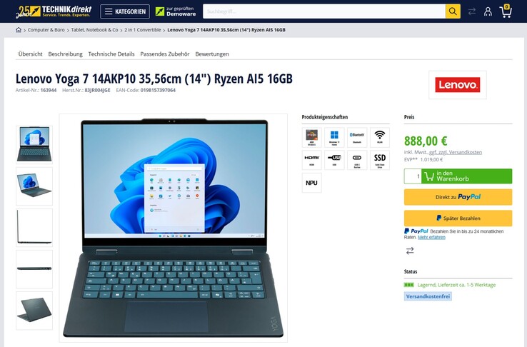 Lenovo Yoga 7 2-in1 14AKP10 (83JR004JGE) für 888 Euro.