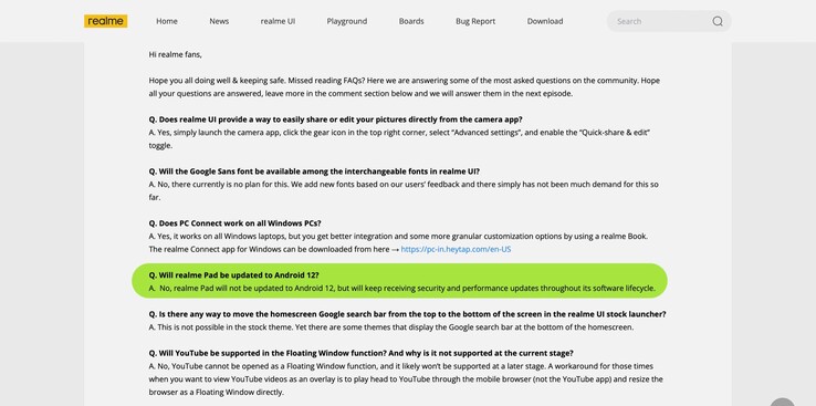 Realme hat in einem FAQ bestätigt, dass das Realme Pad kein Update auf Android 12 erhalten wird. (Screenshot: Realme)