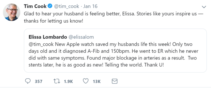 Elissa Lombardo bedankt sich bei Apple CEO Tim Cook , da die Apple Watch ihrem Mann vermutlich das Leben gerettet hat. (Quelle: Twitter)