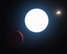 Künstlerische Darstellung eines Neutronensterns mit umlaufenden Planeten