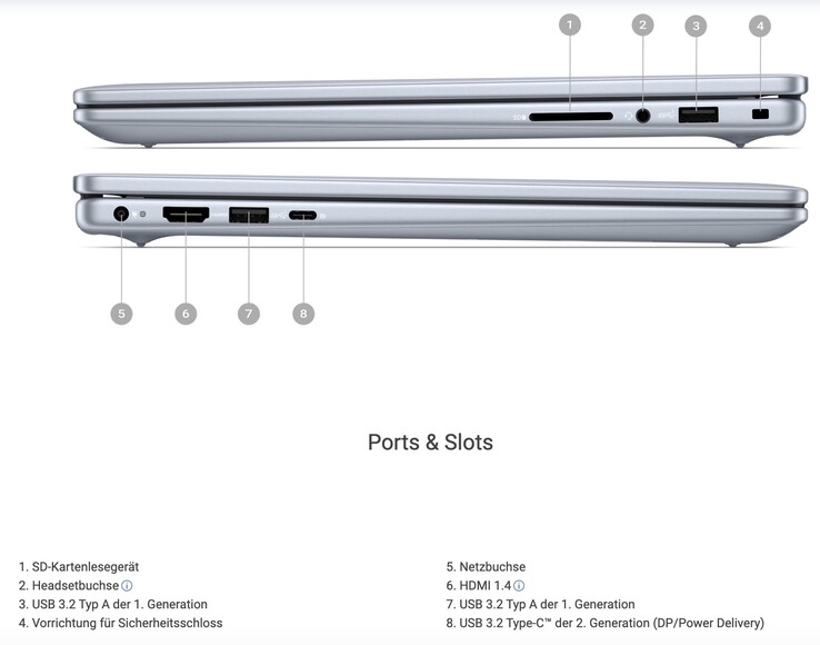 USB-C 3.2 Gen 2 gehört zur ordentlichen Anschlussvielfalt des Inspiron 14 5445 (Bildquelle: Dell)