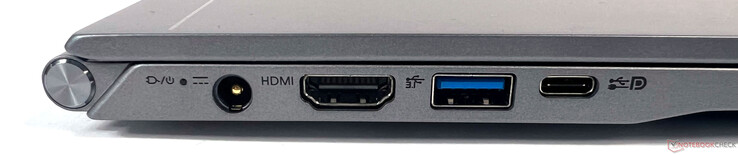 Links: 1x Stromanschluss, 1x HDMI 2.0 (mit HDCP), 1x USB 3.2 Gen1 (Typ-A ), 1x Thunderbolt 4 (Typ-C) mit USB 4, DP, PD und Charging