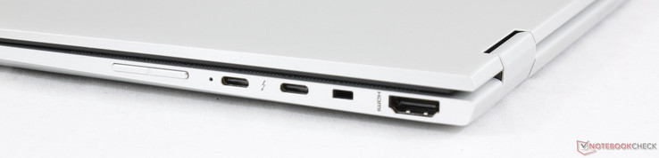 Rechts: Lautstärkewippe, 2x USB-C + Thunderbolt 3, DriveLock, HDMI 1.4