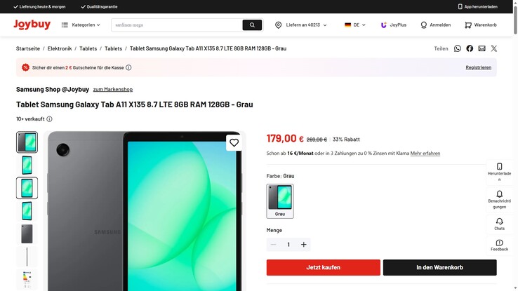 Samsung Galaxy Tab A11 SM-X135FZAEEUE für 179 Euro 
