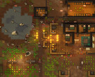 Screenshot aus RimWorld mit einer angegriffenen Kolonie, Bränden, Tieren und Gebäuden.