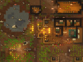 Screenshot aus RimWorld mit einer angegriffenen Kolonie, Bränden, Tieren und Gebäuden.