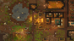 Screenshot aus RimWorld mit einer angegriffenen Kolonie, Bränden, Tieren und Gebäuden.