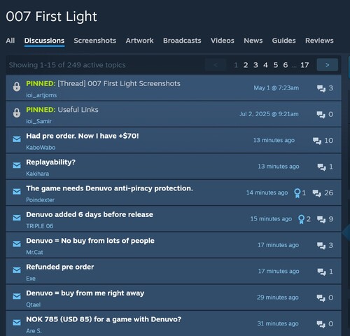 Denuvo Beschwerden im Steam-Forum zu 007 First Light.