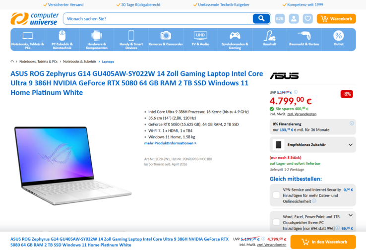 Asus ROG Zephyrus G14 GU405AW-SY022W für 4.799 Euro.