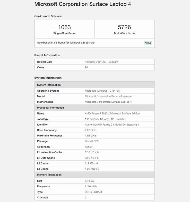 Microsoft wird den Surface Laptop 4 mit speziell angepassten AMD Ryzen Prozessoren ausstatten. (Bild: Geekbench)