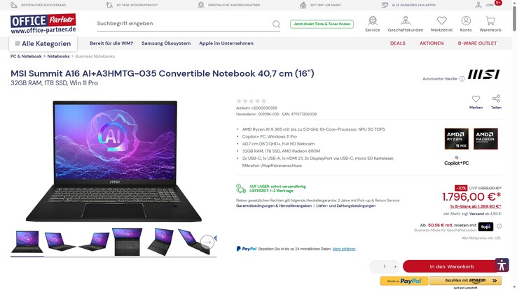 MSI Summit A16 AI+ A3HMTG-035 für 1.796 Euro.