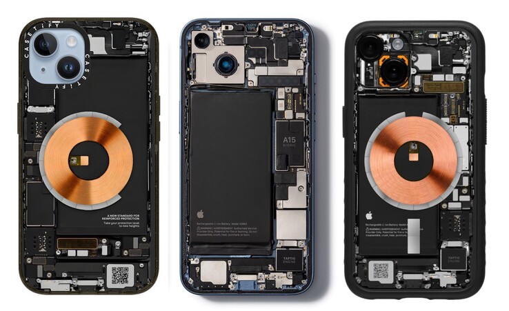 Die erste Version der Casetify-Hülle (links) hat das iPhone 14 (mitte) nicht annähernd so gut getroffen wie der dbrand Teardown Skin (rechts).