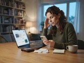 Frau am Schreibtisch schaut auf ihr Smartphone, daneben Laptop, Belege und Notizblock