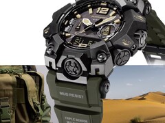 Nahaufnahme der Casio G-Shock Mudmaster GWG-B1000-1A3 mit schwarzem Gehäuse, beigen Zifferblattakzenten, olivgrünem Armband und robusten Schutzvorrichtungen vor dem Hintergrund von Militärausrüstung und einer Wüstenlandschaft