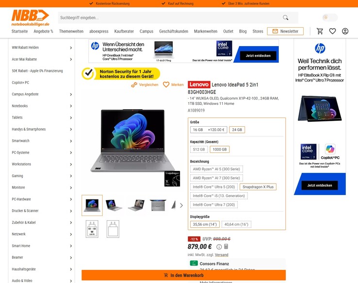 Lenovo IdeaPad 5 2-in1 14Q8X9 83GH003HGE für 879 Euro.
