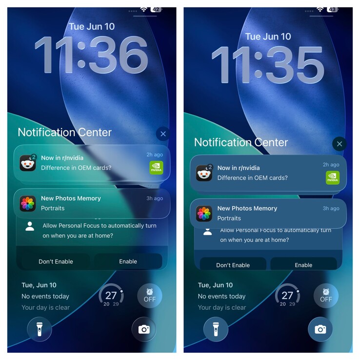 Der iOS-26-Sperrbildschirm mit und ohne Transparenzeffekt. (Bildquelle: Vaidyanathan S. auf X)