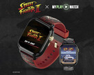 Die Street Fighter II: My Play Watch mit rotem Armband, goldfarbenen Details und einem zweiten Zifferblatt.