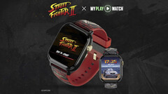 Die Street Fighter II: My Play Watch mit rotem Armband, goldfarbenen Details und einem zweiten Zifferblatt.