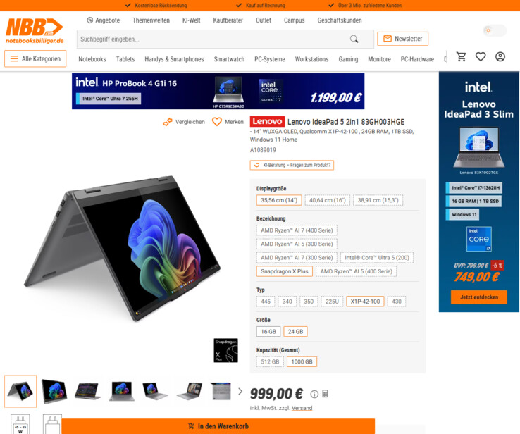 Lenovo IdeaPad 5 2-in-1 14Q8X9 83GH003HGE für 849 Euro.
