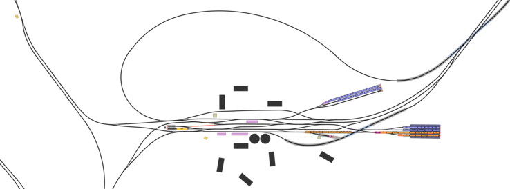 Ölfeld: Die Anlage ist für drei gleichzeitig einfahrende Züge designt. Jeder Client muss jede Weichenposition einzeln kontrollieren.