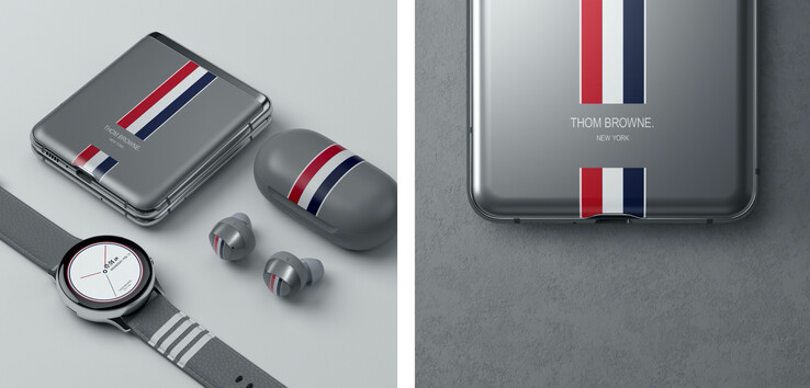 Die Thom Browne-Version des Galaxy Z Flip wurde mit einer Galaxy Watch Active2 und mit Galaxy Buds+ im passenden Design geliefert. (Bild: Samsung)