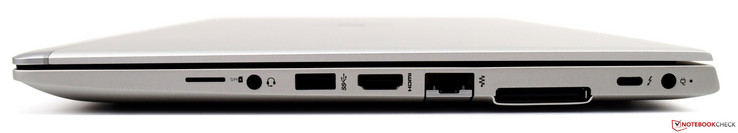Rechts: Micro-SIM, Kopfhörer-/Mikrofonanschluss (kombiniert), USB 3.1 Gen 1, HDMI 1.4b, RJ-45, Dockinganschluss, Thunderbolt (USB Type-C), Netzteilanschluss