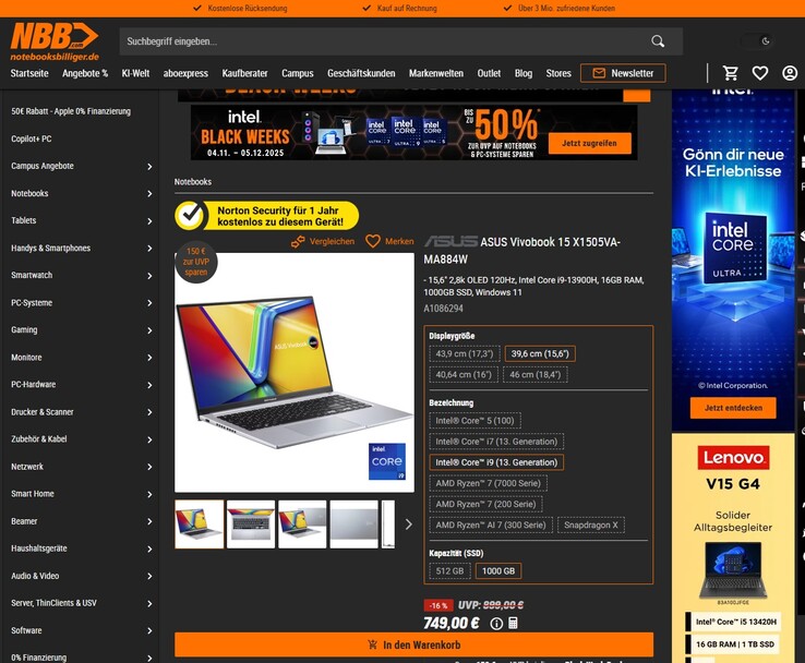 Asus VivoBook 15 OLED X1505VA-MA884W im Angebot für 749 Euro.