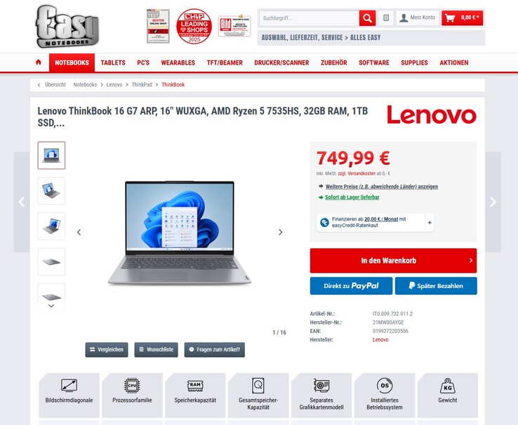 Lenovo ThinkBook 16 G7 ARP (21MW00AYGE) für knapp 750 Euro.