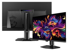 Die Rück- und Vorderansicht des MSI MPG 322UR X24 Monitors. 