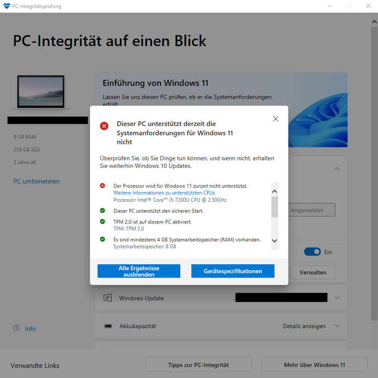 Screenshot von den Ergebnisse der neuen PC-Integritätsprüfung